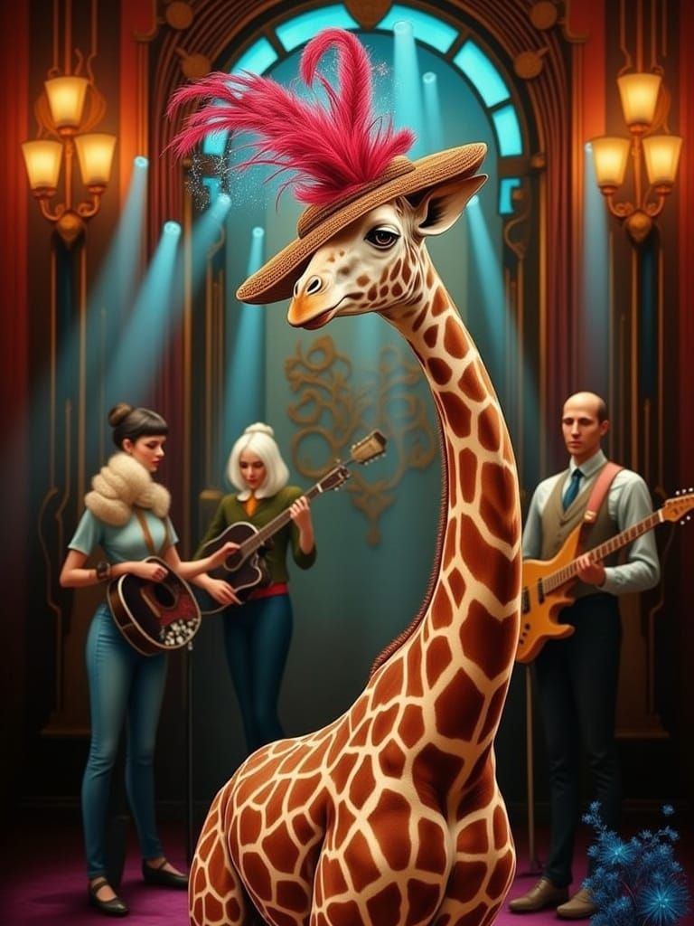 Giraffe Dancing Jazz in Art Deco Room with Feathered Hat