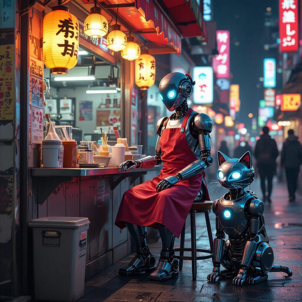 Neo Tokyo Noodle Stand with Robot Vendor in Cyberpunk Style