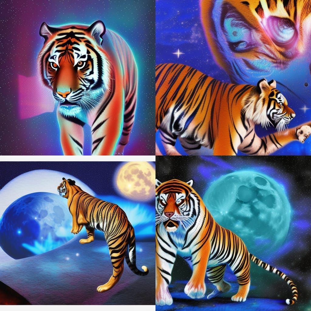 Tiger Running Under Blue Moon, Cosmic Illustration