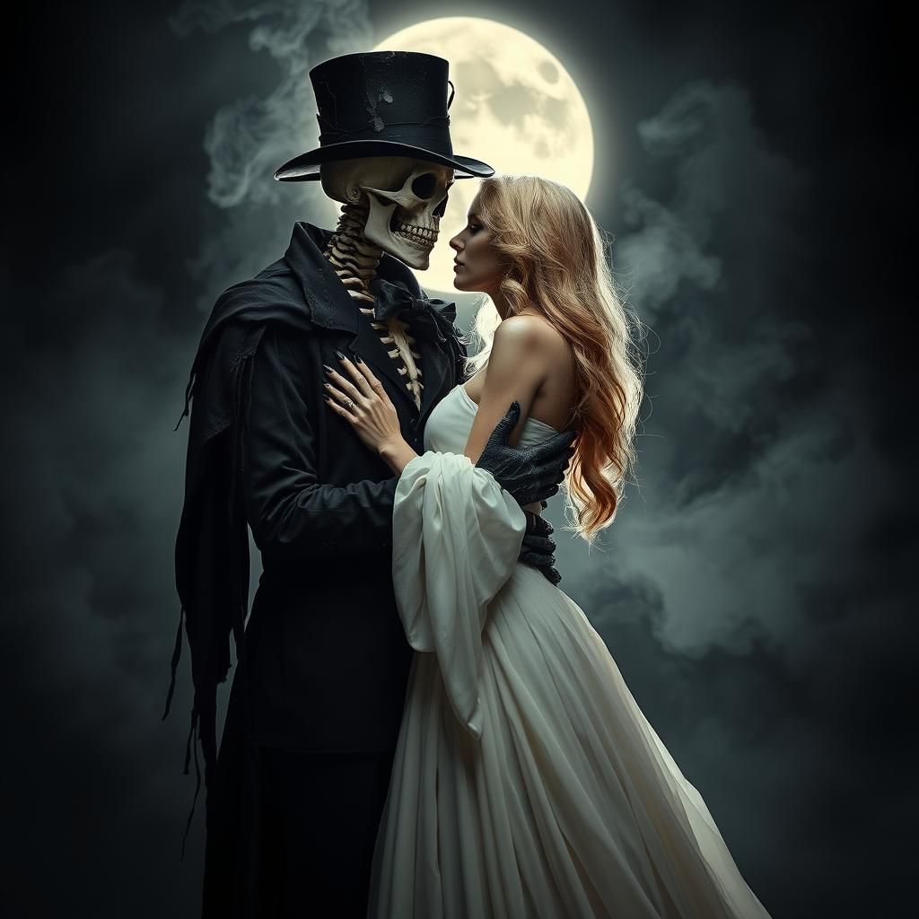 Gothic Skeleton's Embrace in Dark Smoke