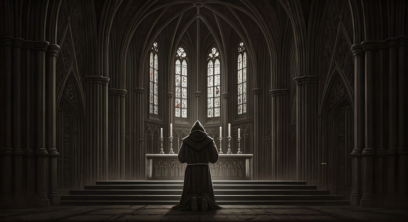 Monk Praying in Gothic Chapel Charcoal Drawing
