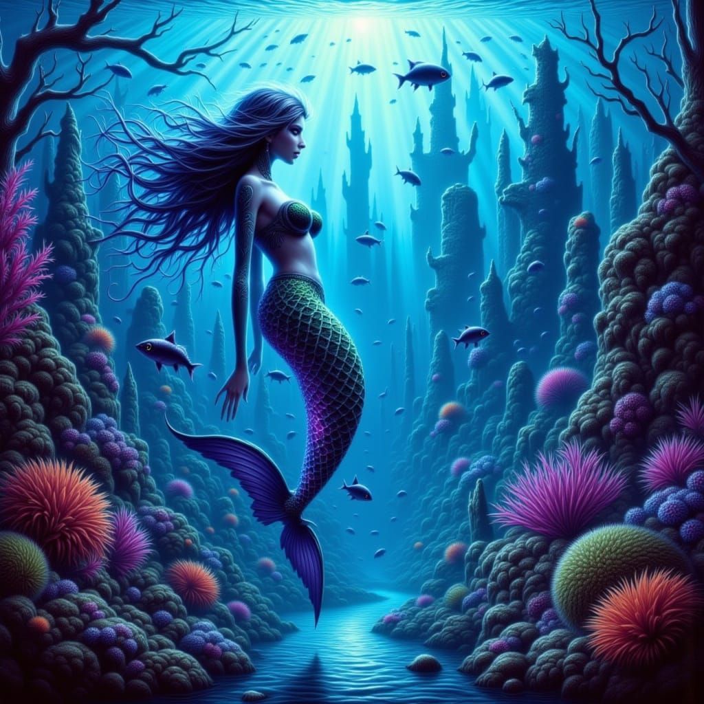 Ethereal Mermaid in Surreal Underwater Cityscape