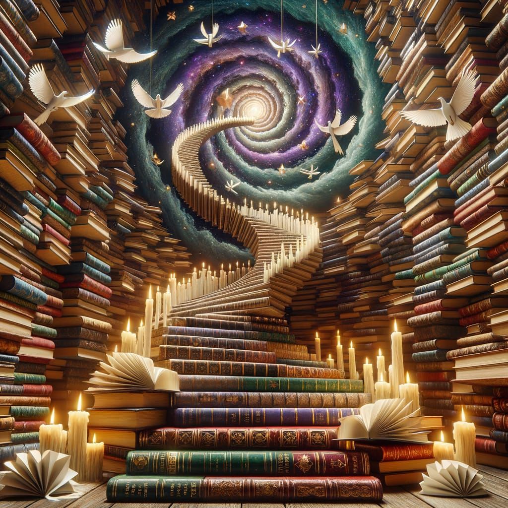 Book Staircase Spirals Into Galaxy Portal with Doves