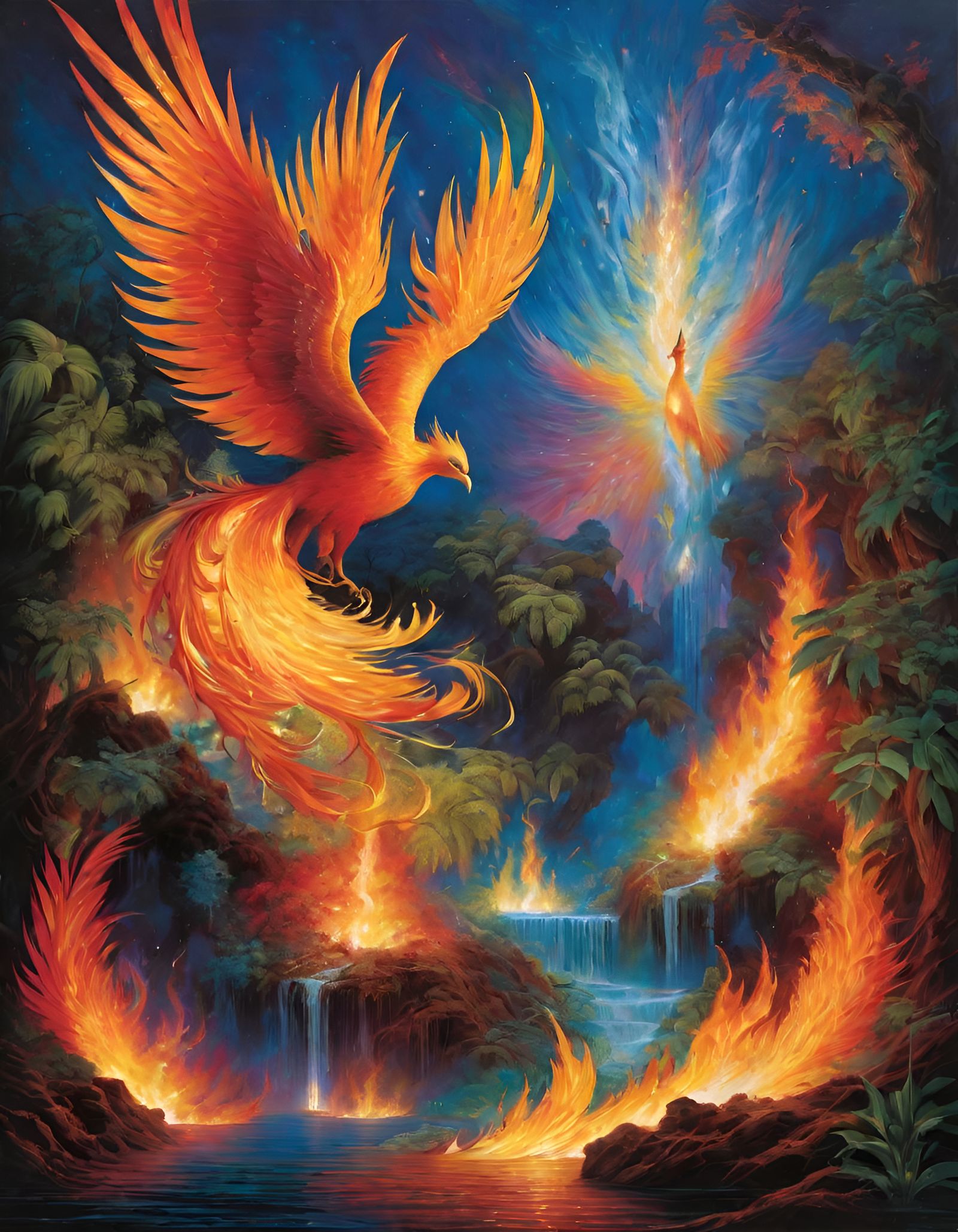 Fiery Phoenix Rising from Jungle Floor