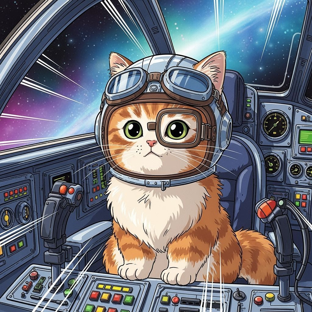 Fluffy Kitten Pilot in Retro Spaceship, Tatsunoko Anime Styl...