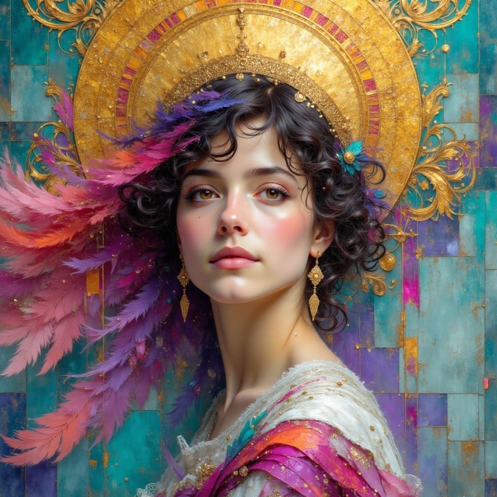 Feather-Winged Angel Portrait with Intricate Geometric Detai...