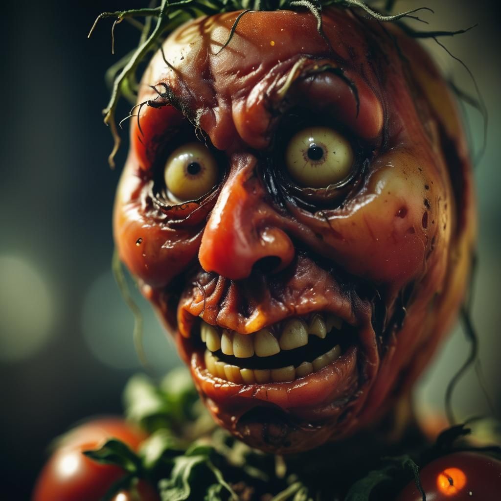 Grotesque Tomato Potato Ghoul Hybrid in 80s Horror Style