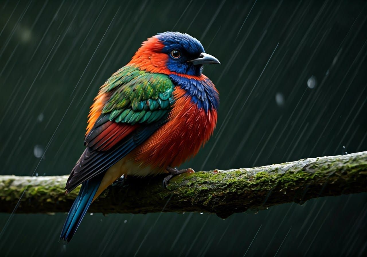 Vibrant Bird in Rainy Scene, Hyper-Realistic Style