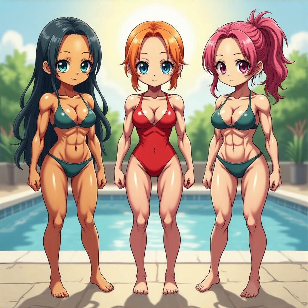 Muscular Chibi Woman in Swimsuit at Sunny Pool