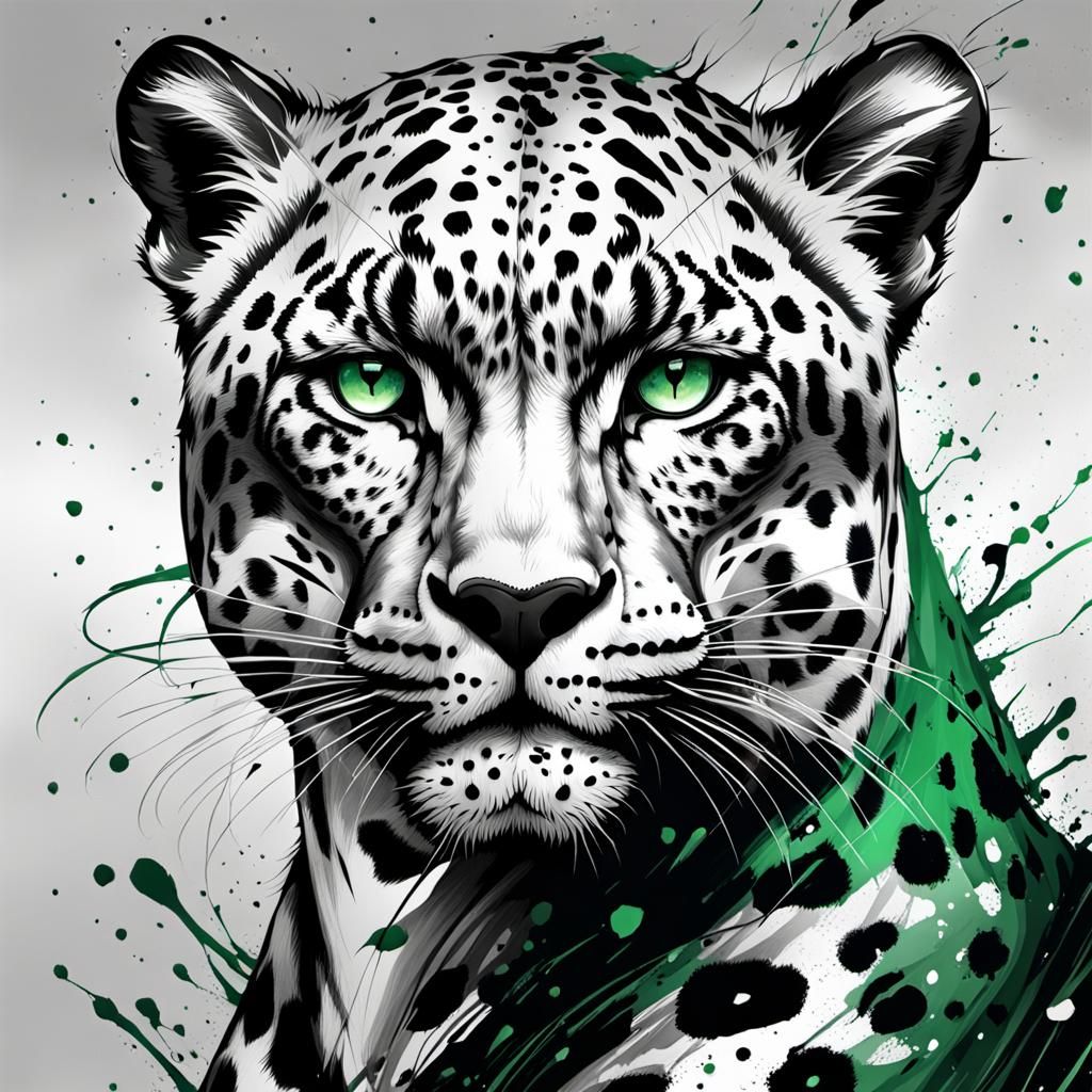 Monochrome Leopard with Ink Splashes in Fantasy Art Style