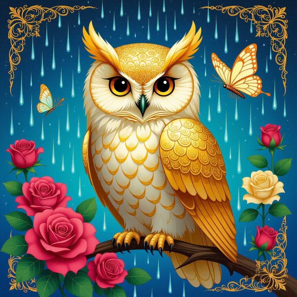 Golden Owl in Dreamlike Pop Art Style