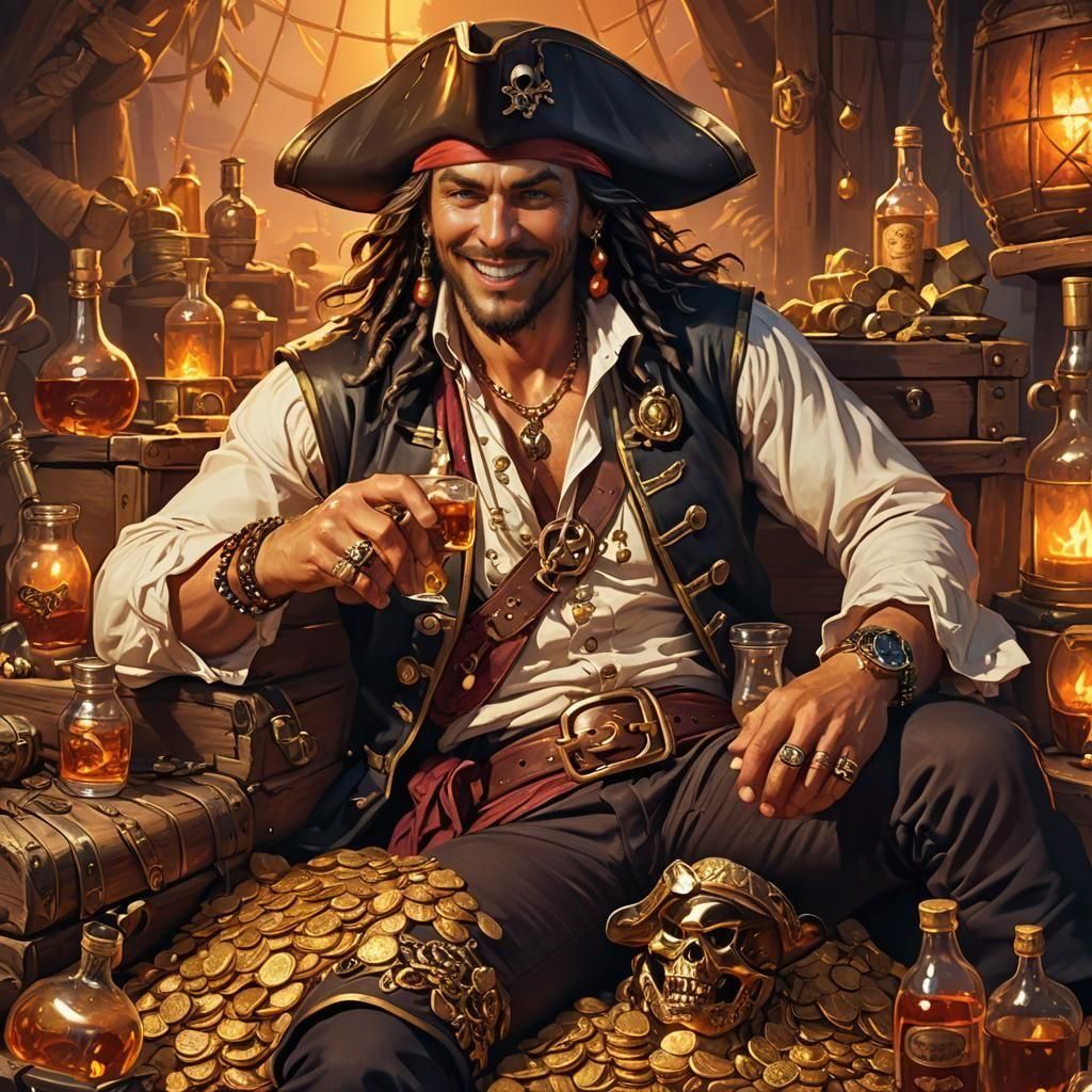 Charming Pirate Captain Lounging with Treasure
