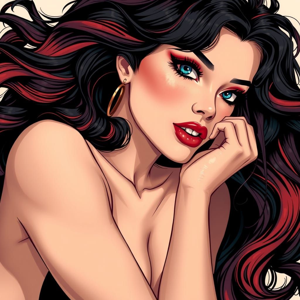 Sultry Anime Pin-Up Goddess with Vibrant Hair