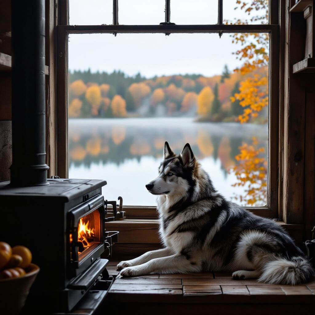 Cozy Kitchen Scene with Swedish Elkhound and Autumn Lake