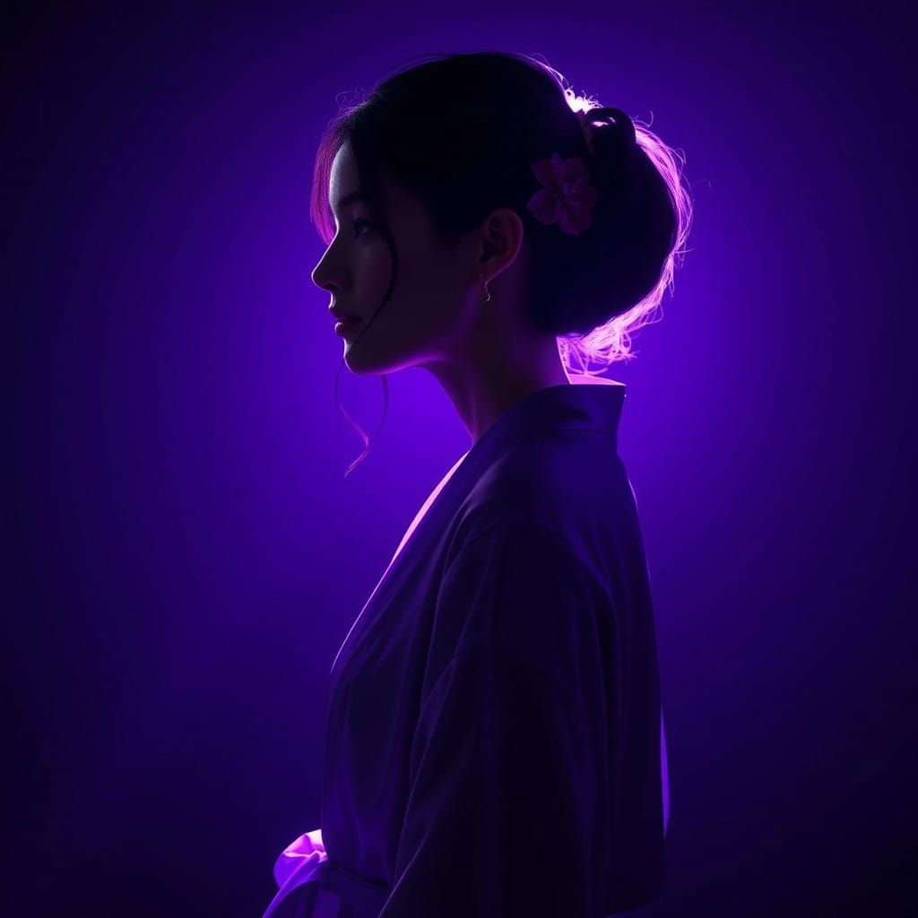 Serene Mysterious Woman in Radiant Purple Hush