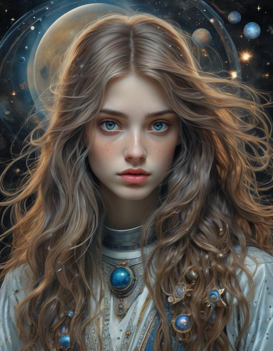 Futuristic Pre-Raphaelite Woman with Starry Background