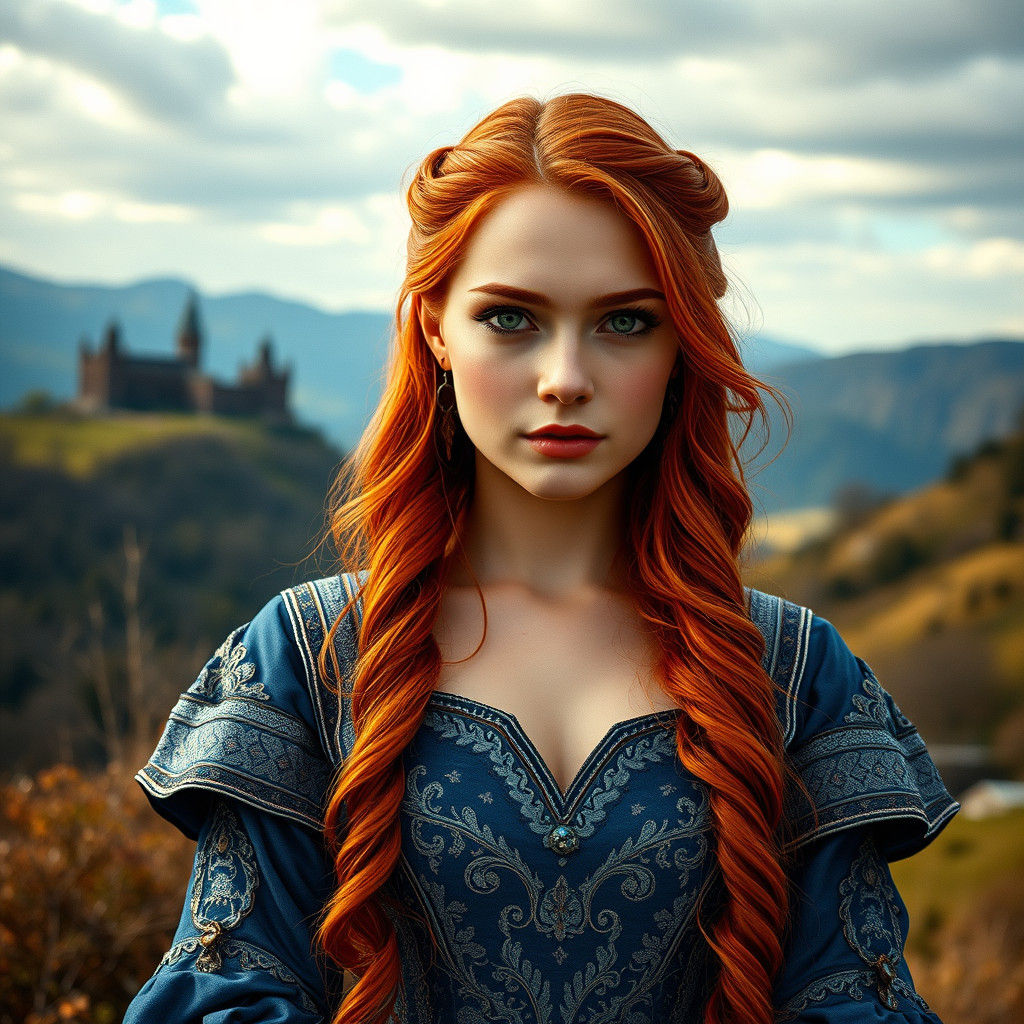 Medieval Maiden with Red Hair in Hyperrealistic Style