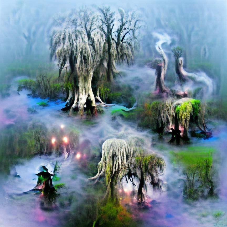 Menacing Swamp Witch in Overgrown Wetlands