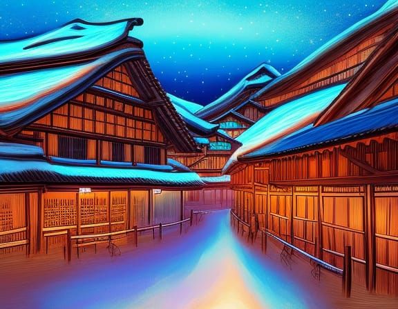 Shirakawa Village at Night: An Oil Painting Illustration