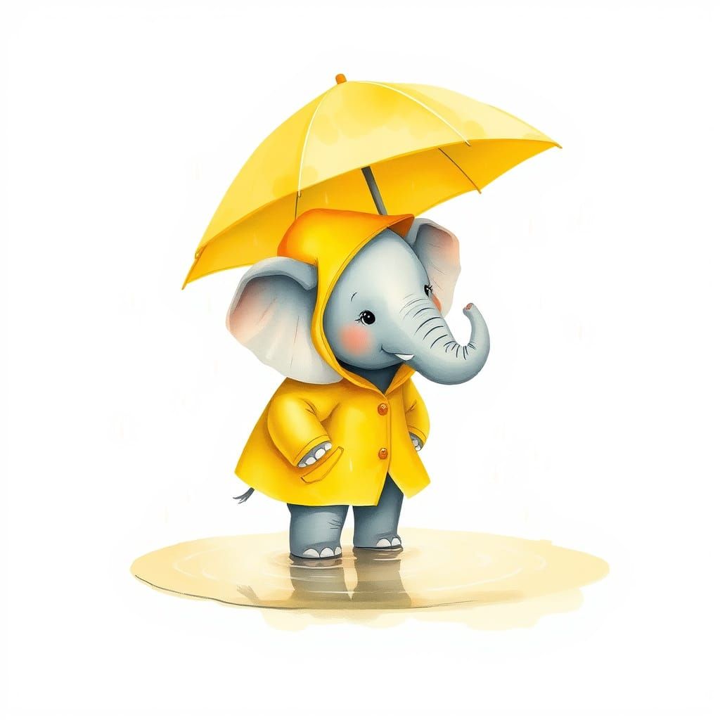 Elephant standing in a puddle of water, Under a yellow umbre...