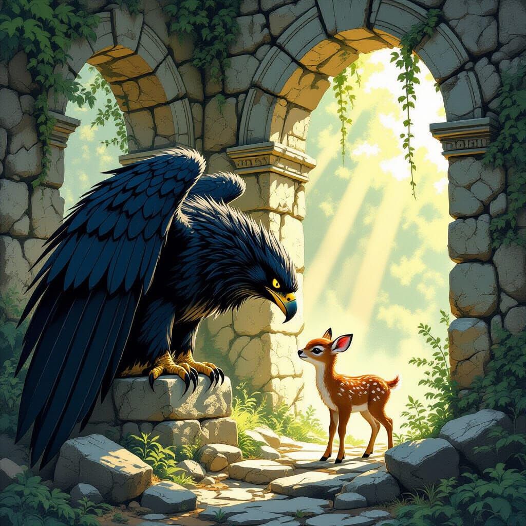 Griffin Guides Fawn Through Ancient Ruins in Forest Path