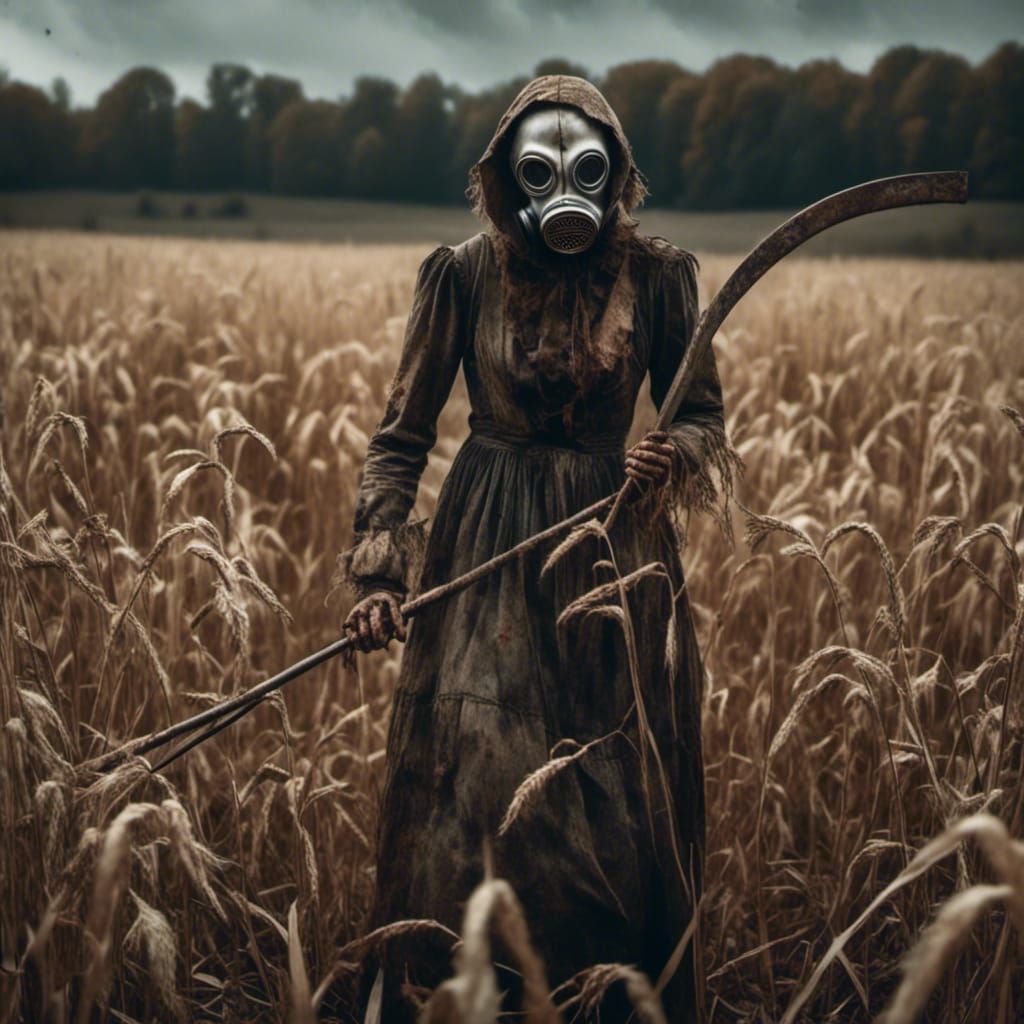 Haunted Farm Woman with Scythe in Farm Horror Style