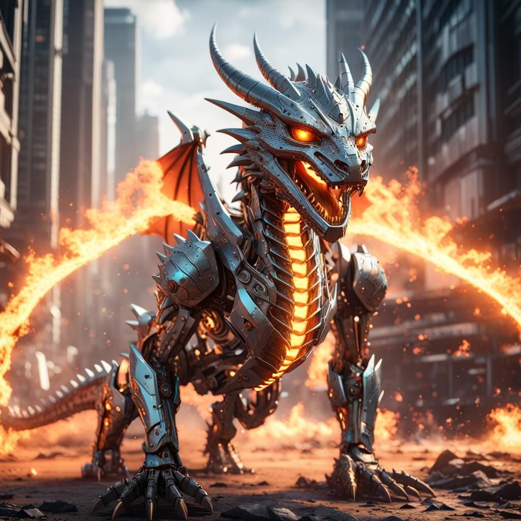 a dragon setting the world ablaze, superhero, HDR, 4D picture, 16k, digital art, intricate mech details, ground level sh...