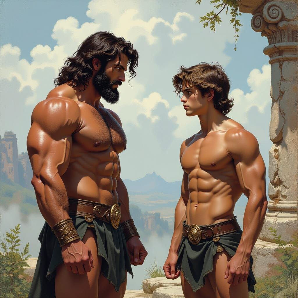 Hercules Meets His Younger Self in Mythological Landscape