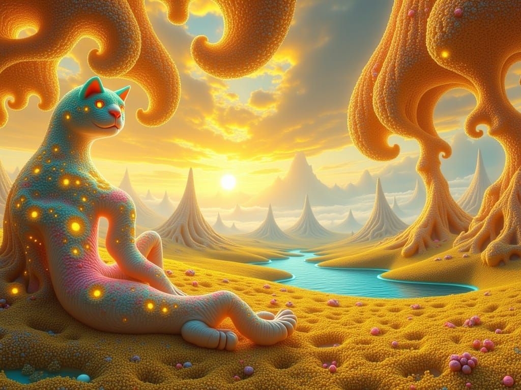 Surreal Dreamlike Scene with Alien Creature and Luminous Tre...