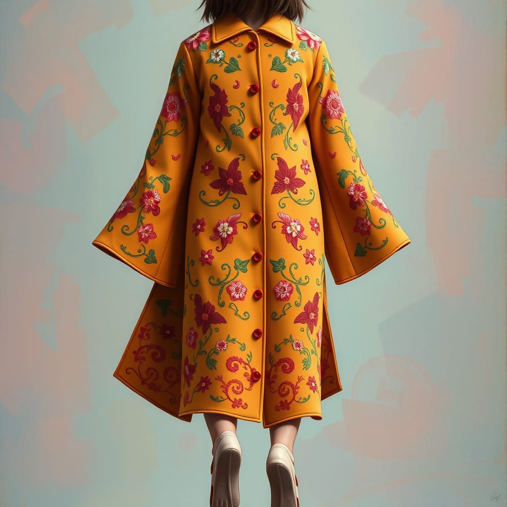 Whimsical Flared Coat in Vibrant Pop Surrealism Style