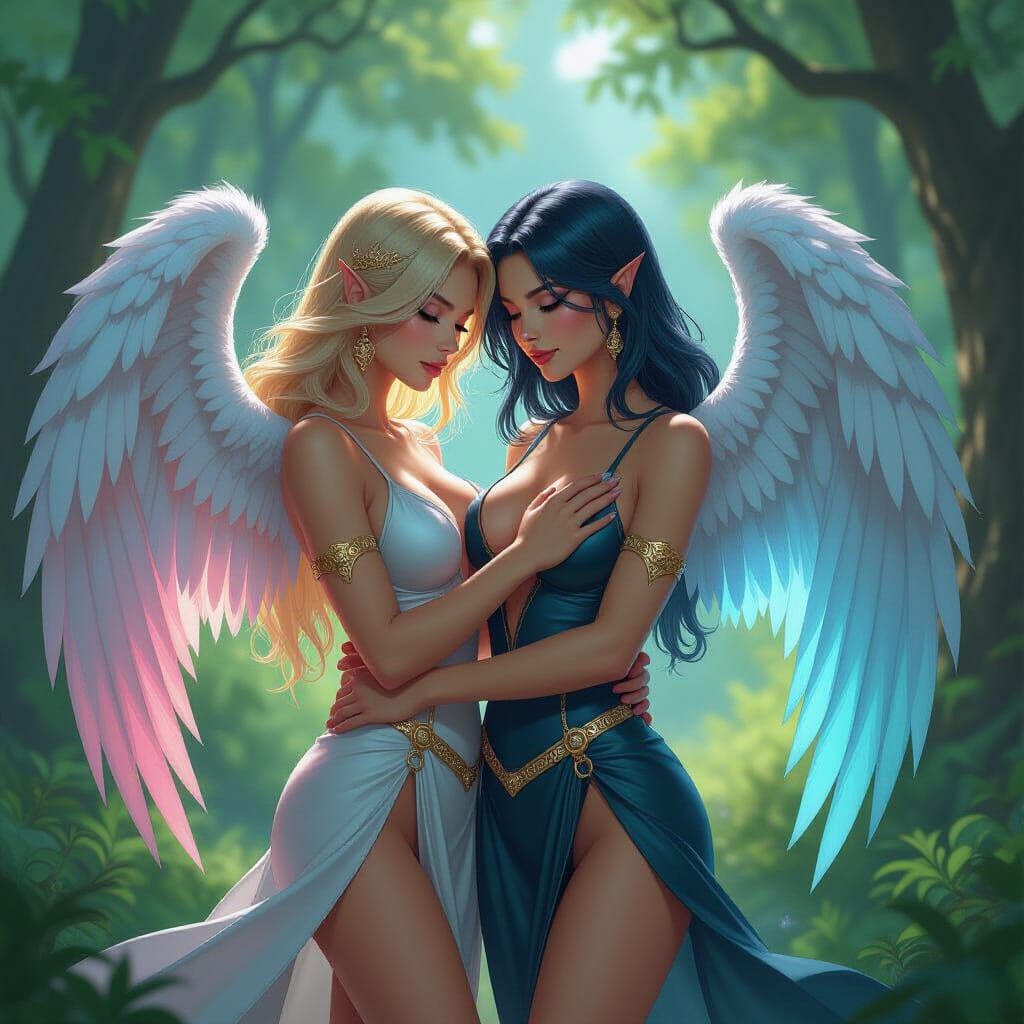 Angelic Embrace in Enchanted Forest, Comic Book Art