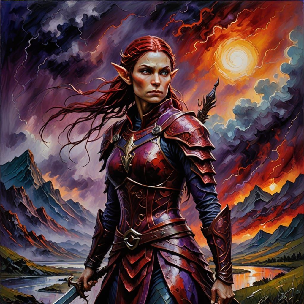 Fierce Elf Warrior in Encaustic Storm Painting