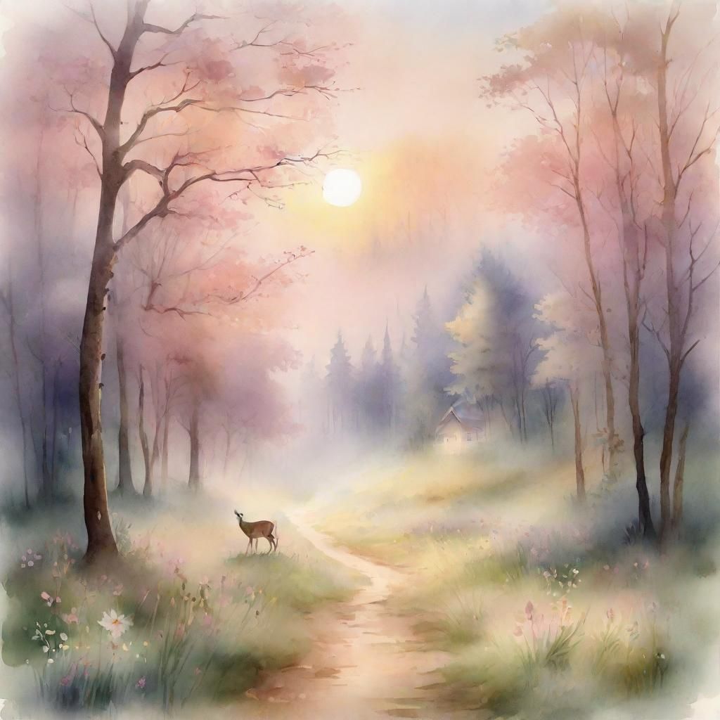 Misty Forest Dawn: Watercolor Landscape in Turner Style