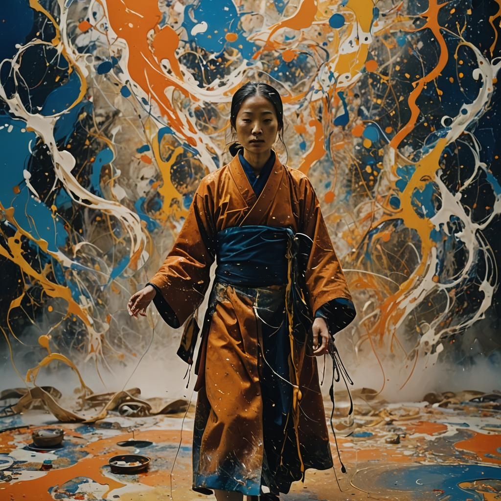 Chinese Monk in Abstract Expressionist Swirling Paint