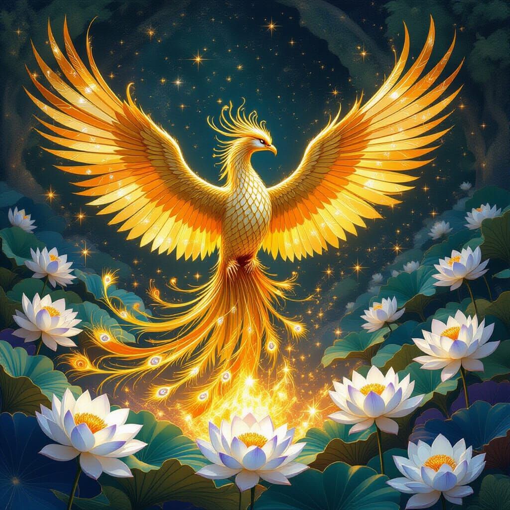 Golden Phoenix Rising in Cosmic Garden