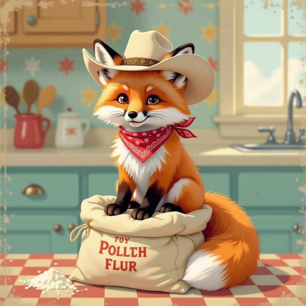 Fluffy Fox in Cowboy Hat on Flour Sack