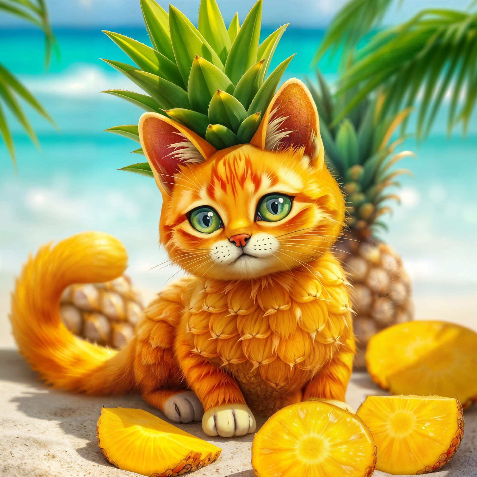 Charming Cat-Pineapple Hybrid in Tropical Paradise