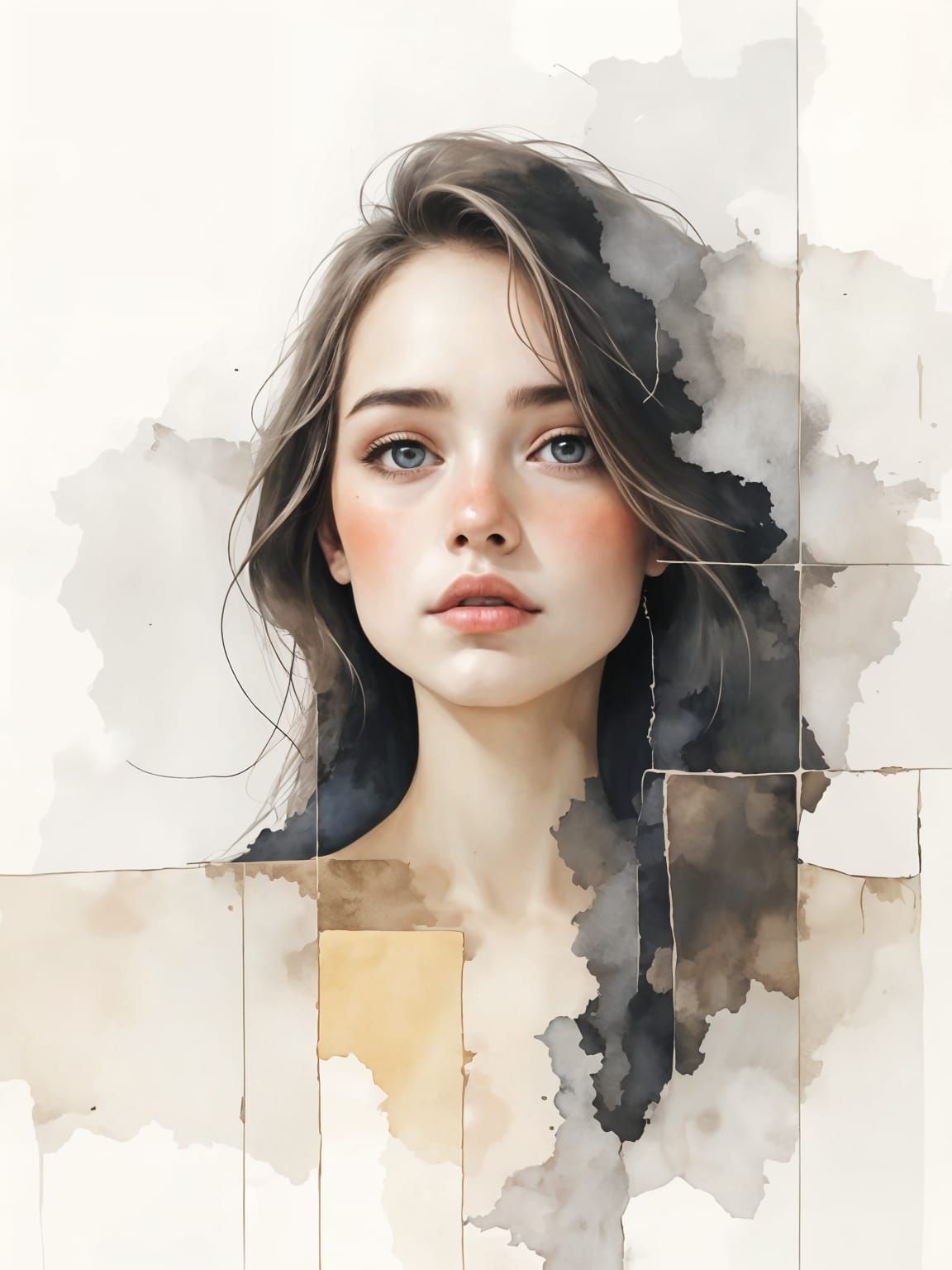 Abstract Watercolor Painting in Gray, Ecru, Taupe, Lavender