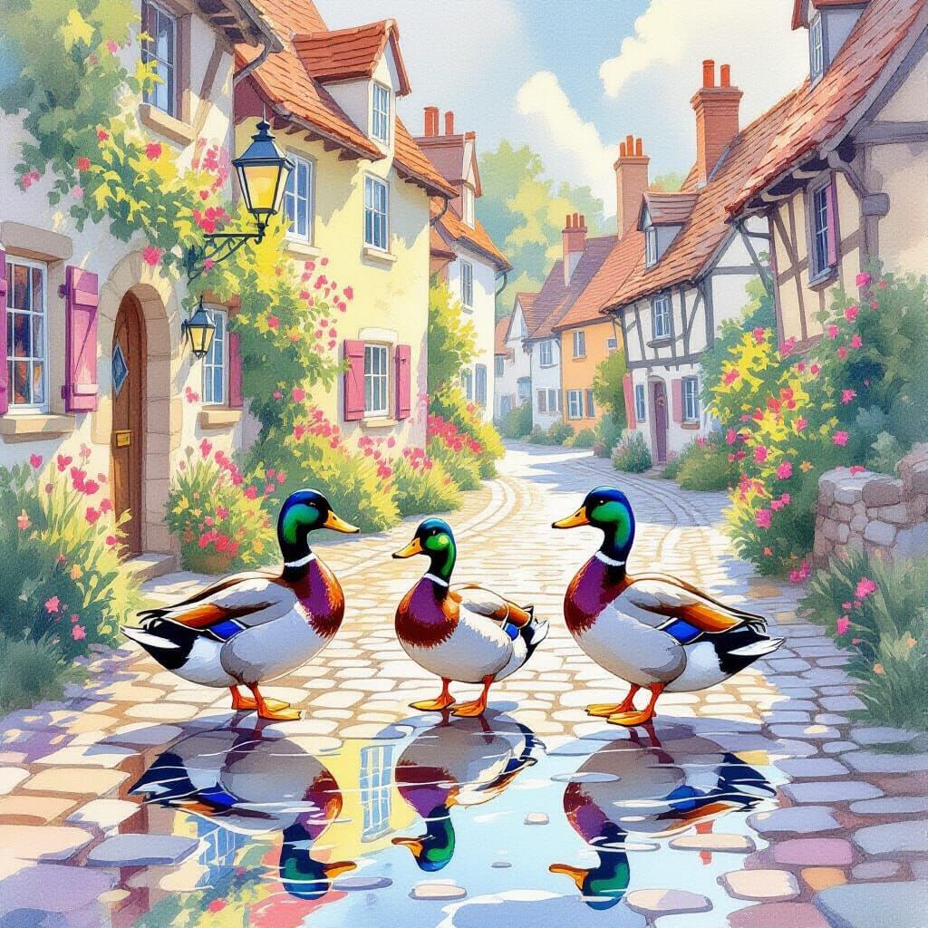 Iridescent Ducks in Dreamy Watercolor Style
