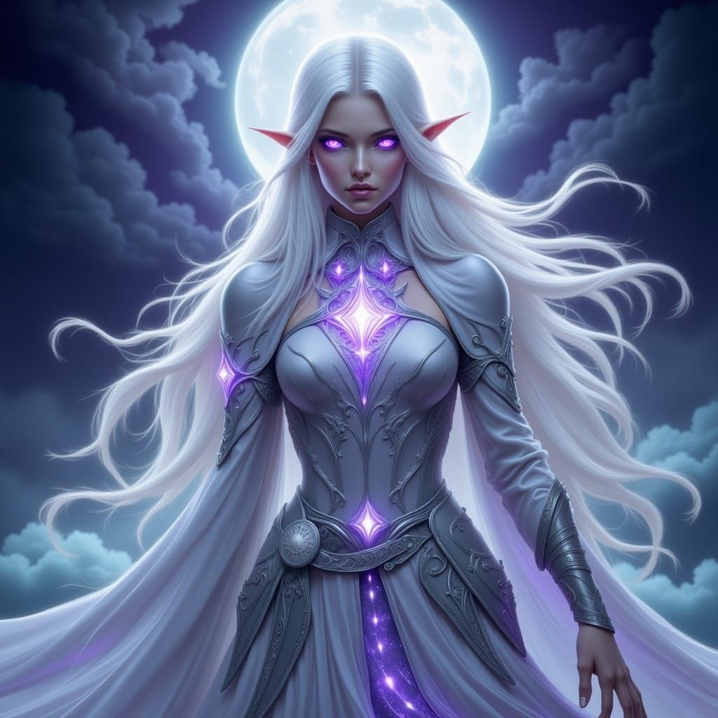 Ethereal Pale Elf Warrior in Silver Armor, Violet Gemstones,...