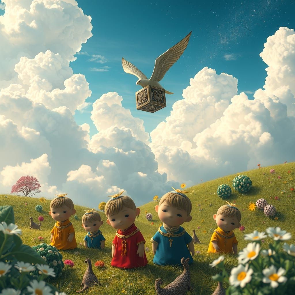 Whimsical Realm with Colorful Beings and Flying Griffin