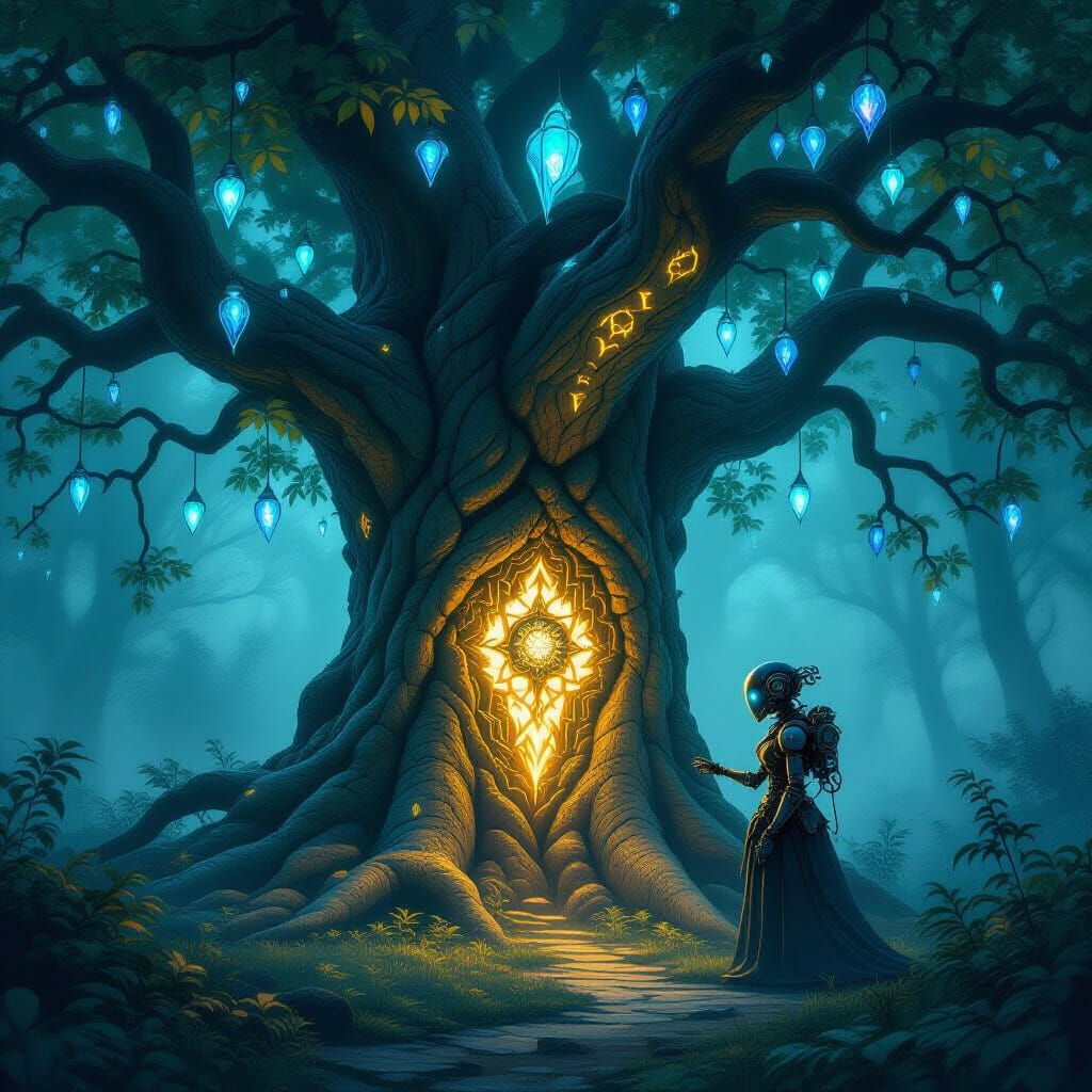 Ancient Rune Tree in Enchanted Forest - Gothic Fantasy Art