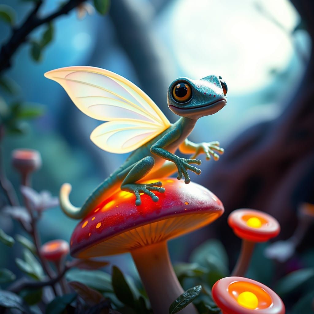 Whimsical Claymation Gecko Faerie in a Dreamy Forest Glow