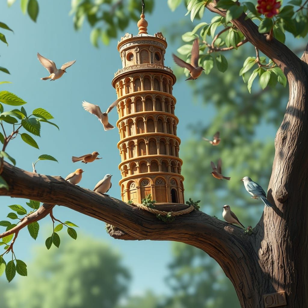Bird house. Leaning Tower of Pisa which is home to birds. On a tree branch. Birds nest in it