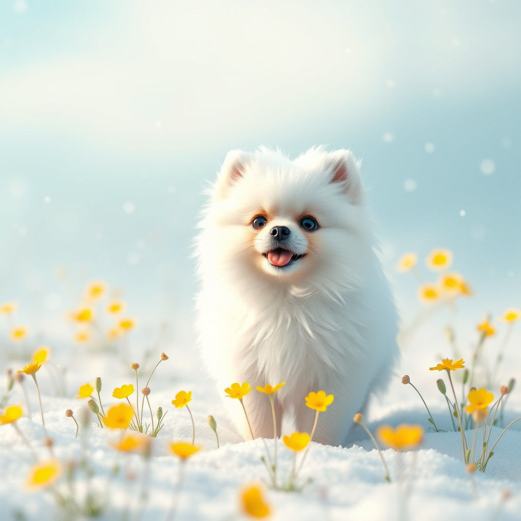 Pomeranian in Snowy Meadow, Fantasy Concept Art