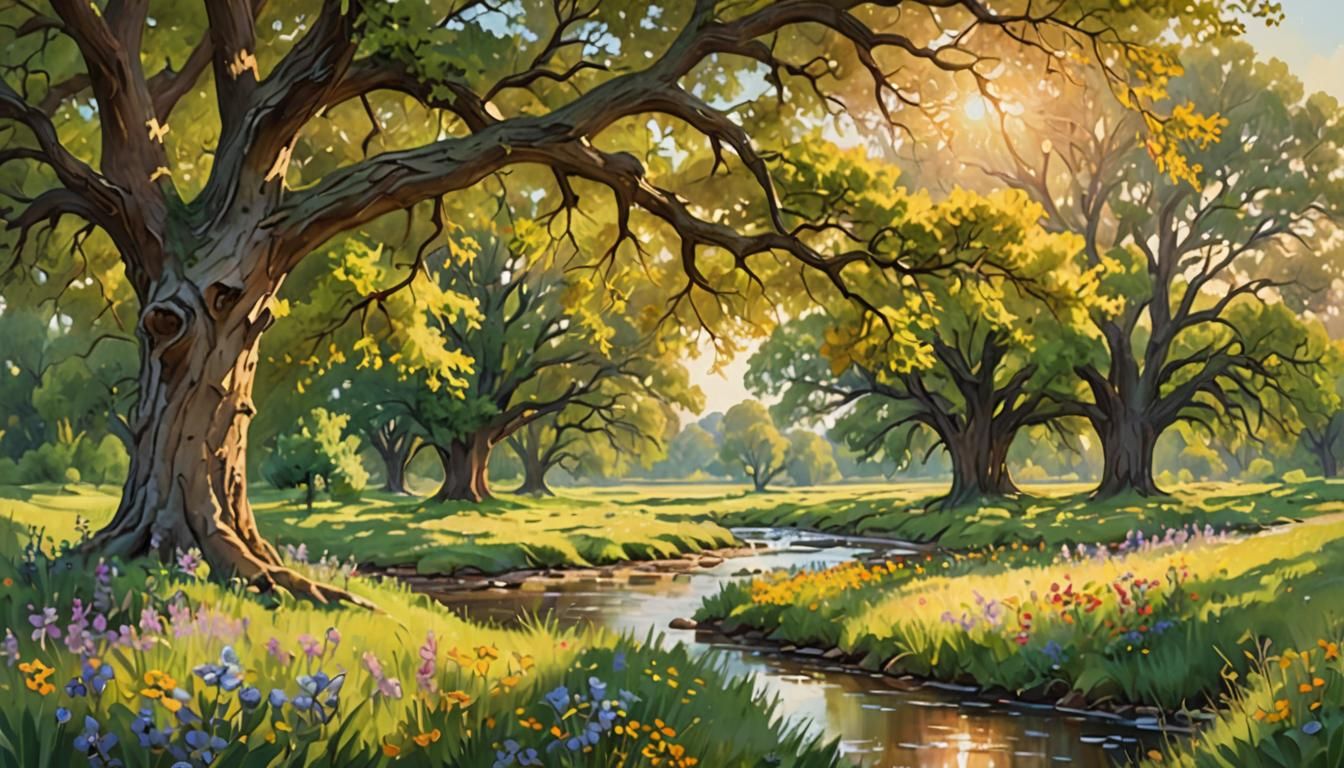 Sunlit Landscape with Stream in Impressionist Style