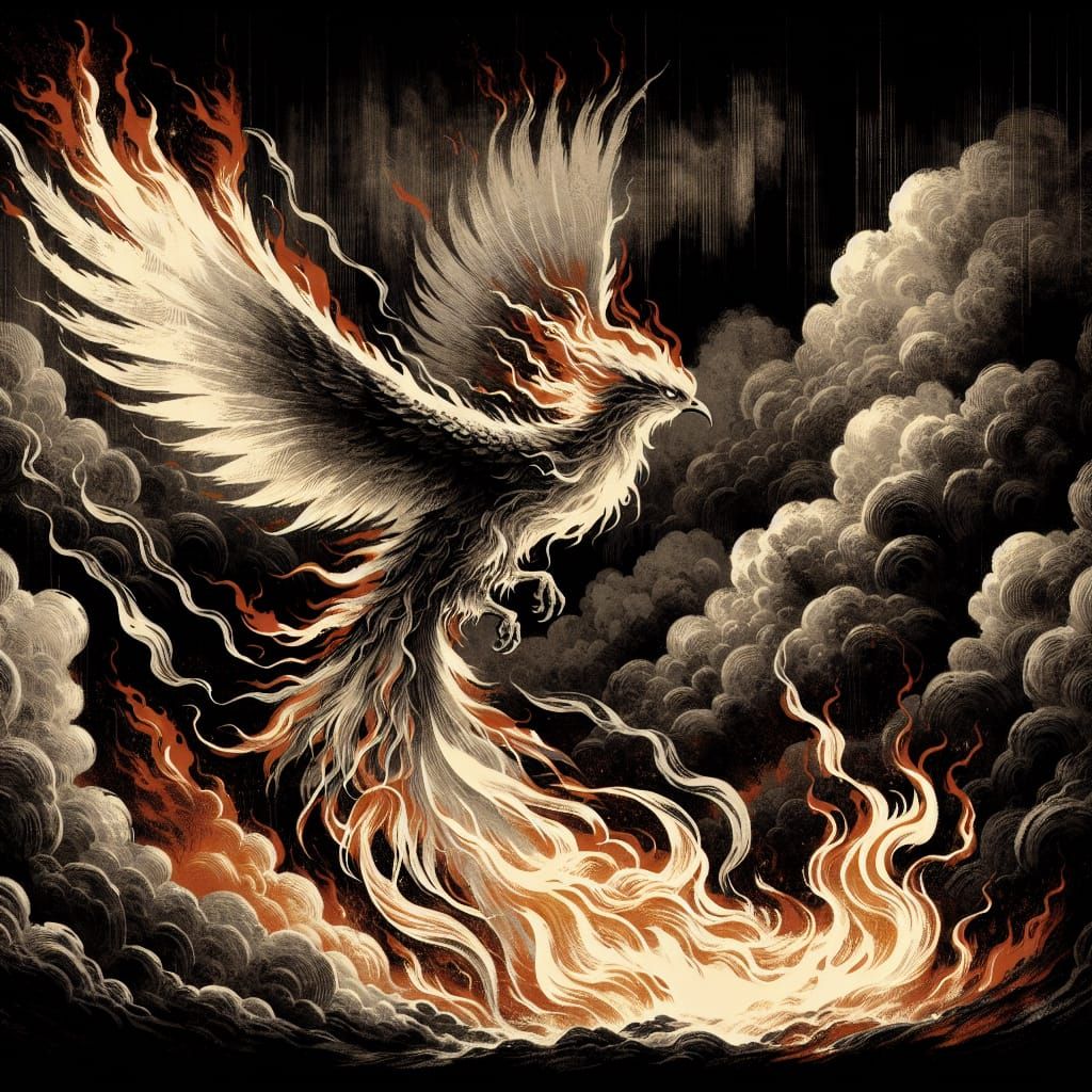 Phoenix Emerges from Fire in Japanese Ink Art Style