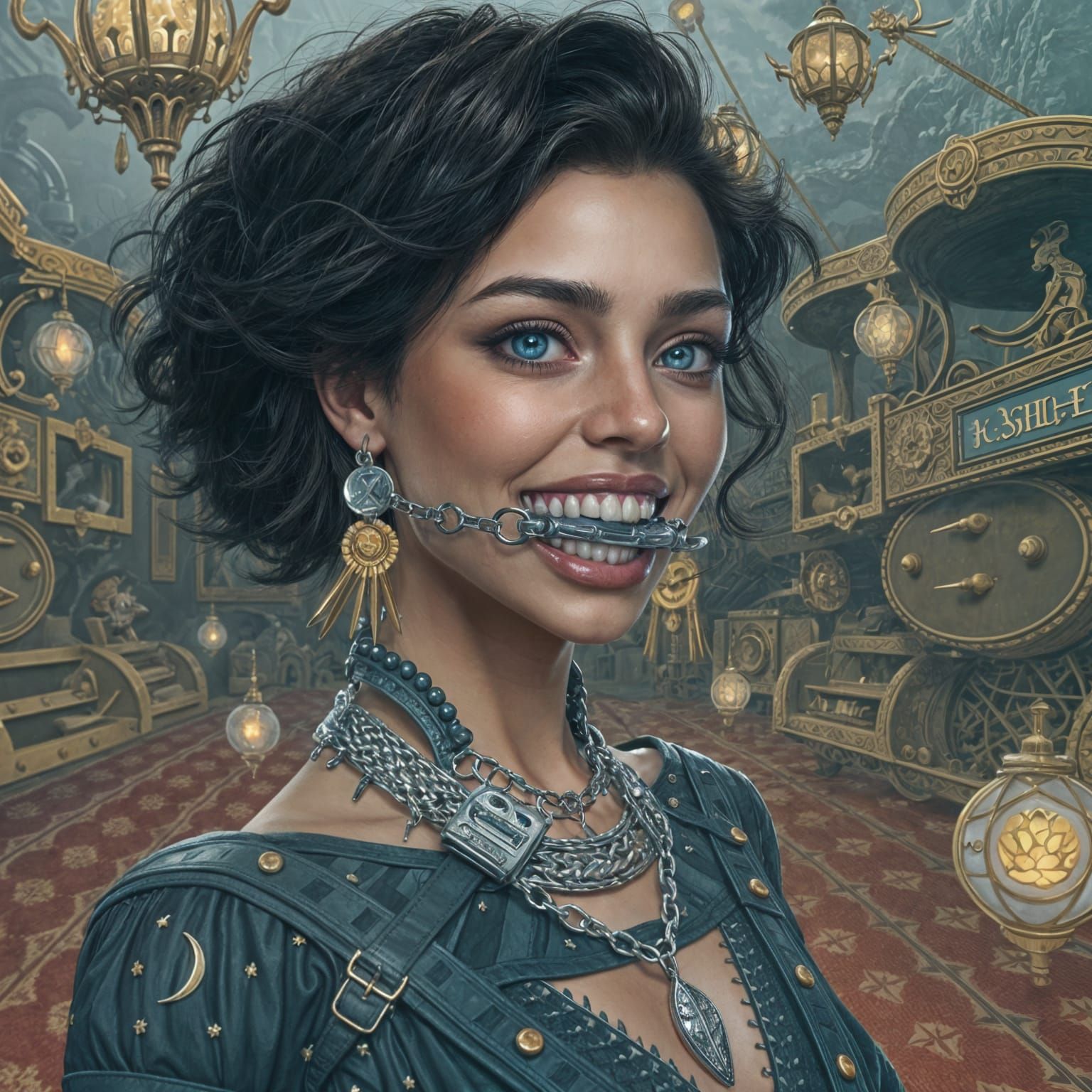 Surreal Woman with Glittering Metal Gag in a Dreamlike World