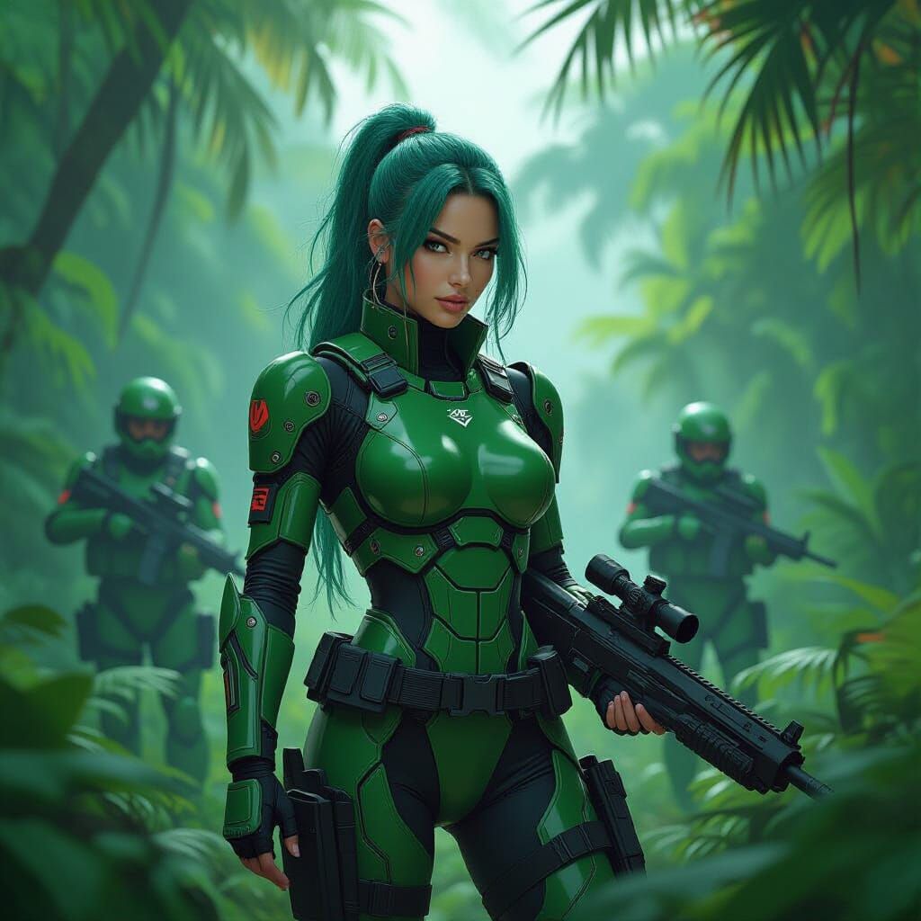 Futuristic Green-Haired Warrior in Tropical Jungle