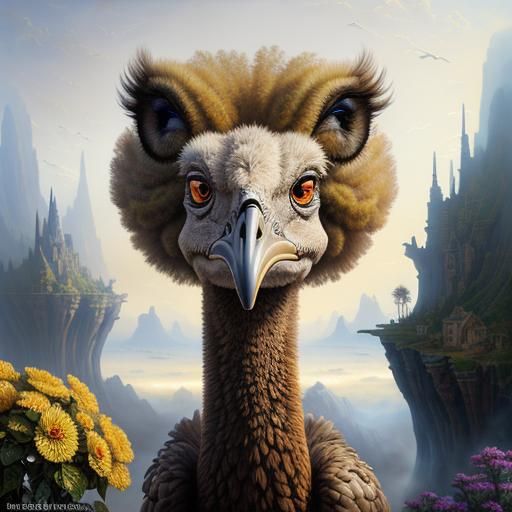 Surreal Ostrich Stares Intently: Fantasy Airbrush Art